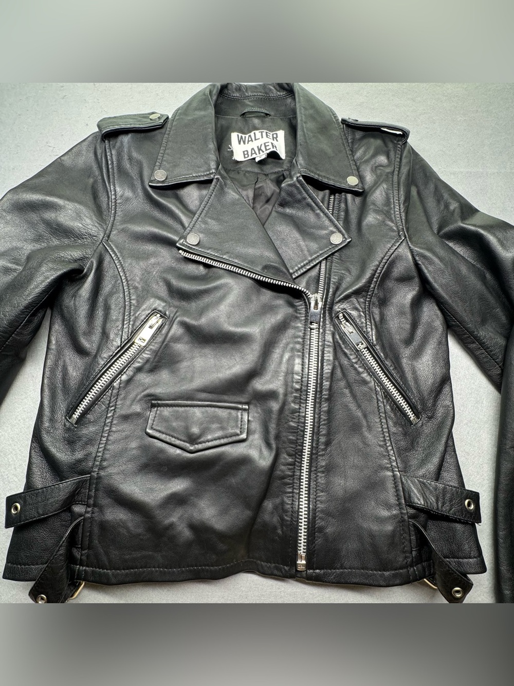 Walter Baker Women's Black Lamb Leather Biker Moto Jacket Full Zip Belted L